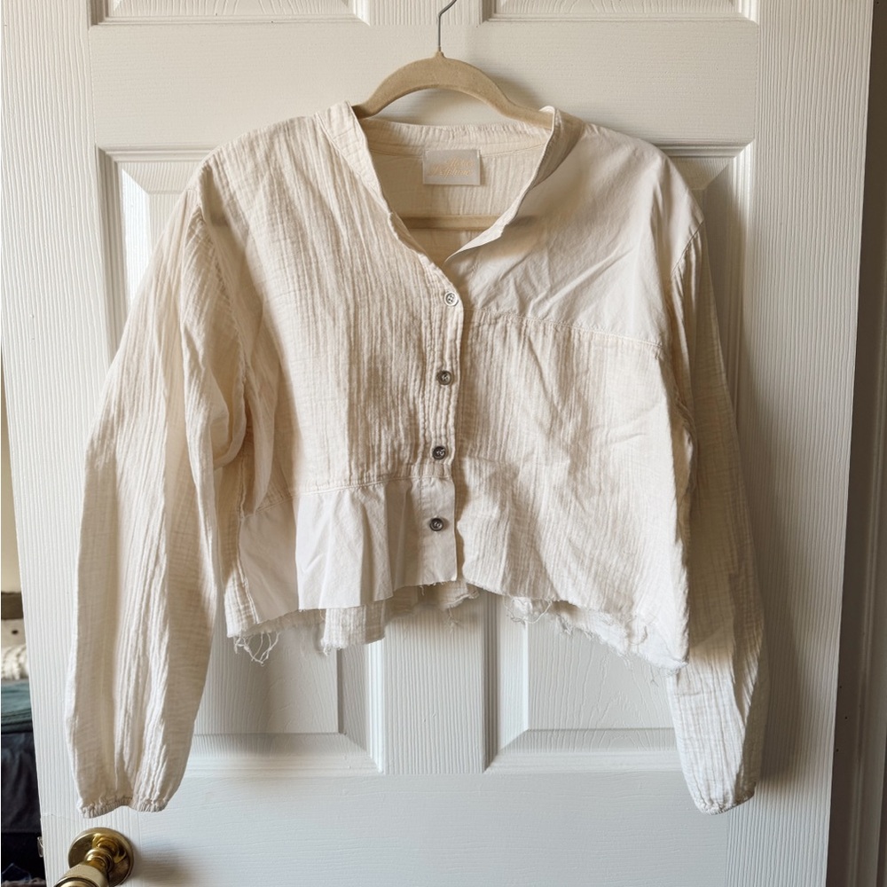 Cream Button-Up Cropped Blouse